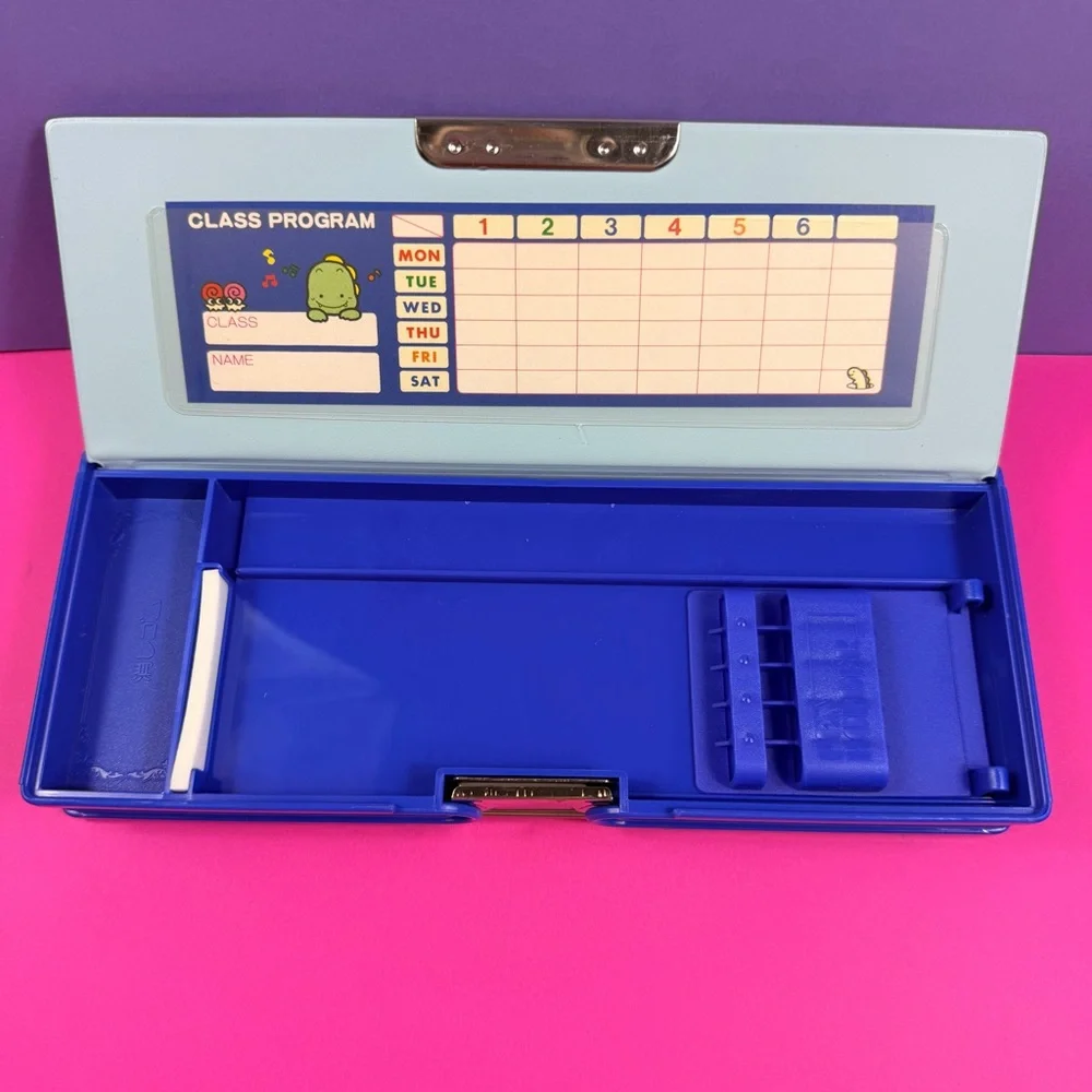 90s Vintage Dinosaur Double-Sided Blue Pencil Box